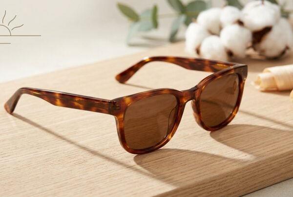 Bio-Acetate Eyewear 2026: The Future of Sustainable Frame Manufacturing – Concept Eyewear Polished tortoiseshell bio-acetate sunglasses resting on a light oak wooden surface next to raw cotton pods and wood shavings in soft natural sunlight.