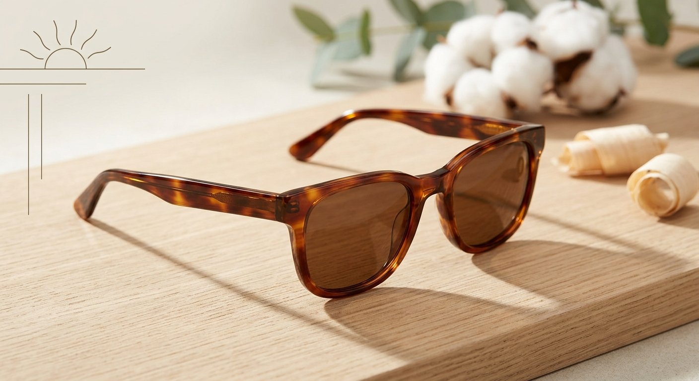Polished tortoiseshell bio-acetate sunglasses resting on a light oak wooden surface next to raw cotton pods and wood shavings in soft natural sunlight.