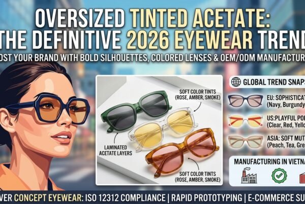 Mastering the 2026 Oversized Tinted Acetate Eyewear Trend | Concept Eyewear – Concept Eyewear An infographic-style blog header image titled "Oversized Tinted Acetate: The Definitive 2026 Eyewear Trend." The graphic features an illustrated model wearing bold, dark oversized glasses, alongside a visual showcase of transparent acetate frames in green, yellow, and amber with soft tinted lenses. The image includes key highlights on global market color trends for the EU, US, and Asia, as well as manufacturing compliance details for Concept Eyewear.