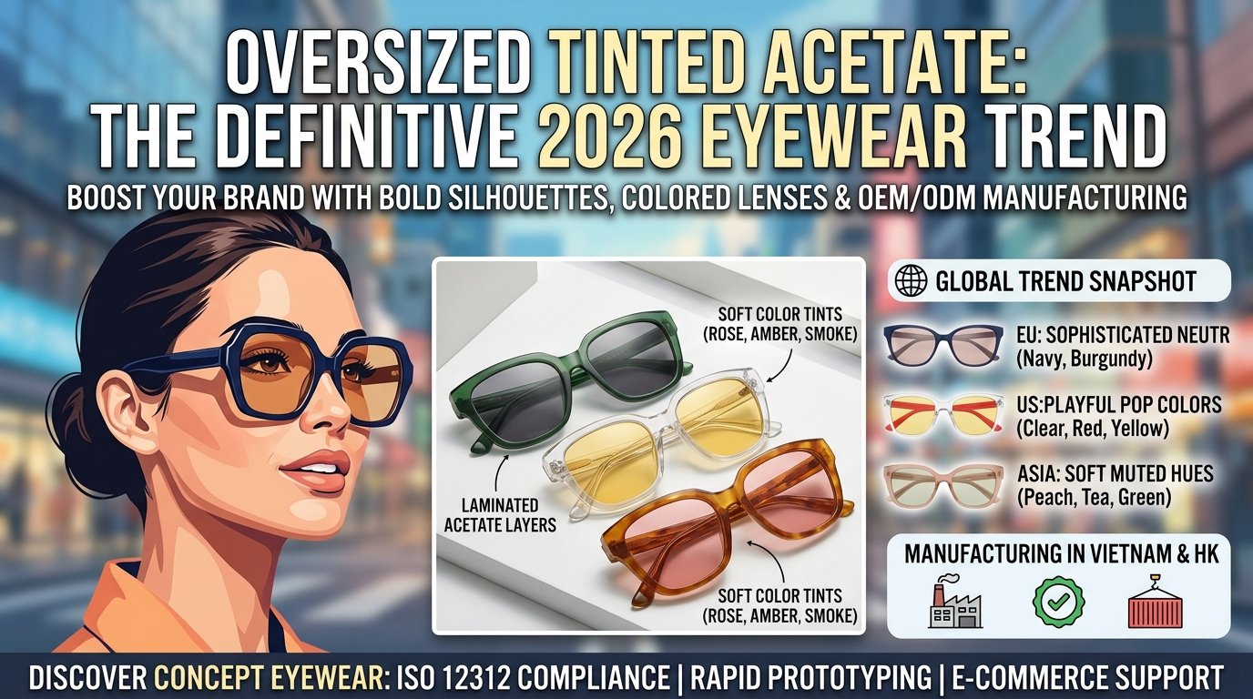 An infographic-style blog header image titled "Oversized Tinted Acetate: The Definitive 2026 Eyewear Trend." The graphic features an illustrated model wearing bold, dark oversized glasses, alongside a visual showcase of transparent acetate frames in green, yellow, and amber with soft tinted lenses. The image includes key highlights on global market color trends for the EU, US, and Asia, as well as manufacturing compliance details for Concept Eyewear.