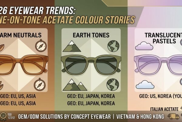 2026 Eyewear Trends: Tone-on-Tone Acetate Infographic – Concept Eyewear A 16:9 graphic detailing 2026 tone-on-tone acetate eyewear trends. Three columns display frame types: Warm Neutrals (amber sunglasses, global markets), Earth Tones (olive frames, EU and Asia markets), and Translucent Pastels (lilac frames, US and youth markets). The bottom banner highlights Concept Eyewear's OEM/ODM manufacturing in Vietnam and Hong Kong.
