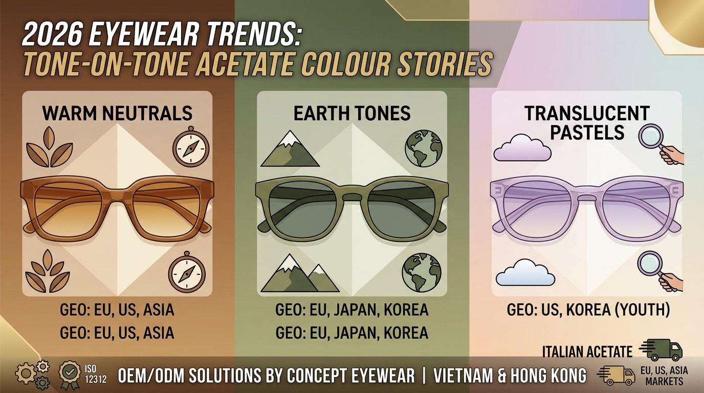 A 16:9 graphic detailing 2026 tone-on-tone acetate eyewear trends. Three columns display frame types: Warm Neutrals (amber sunglasses, global markets), Earth Tones (olive frames, EU and Asia markets), and Translucent Pastels (lilac frames, US and youth markets). The bottom banner highlights Concept Eyewear's OEM/ODM manufacturing in Vietnam and Hong Kong.