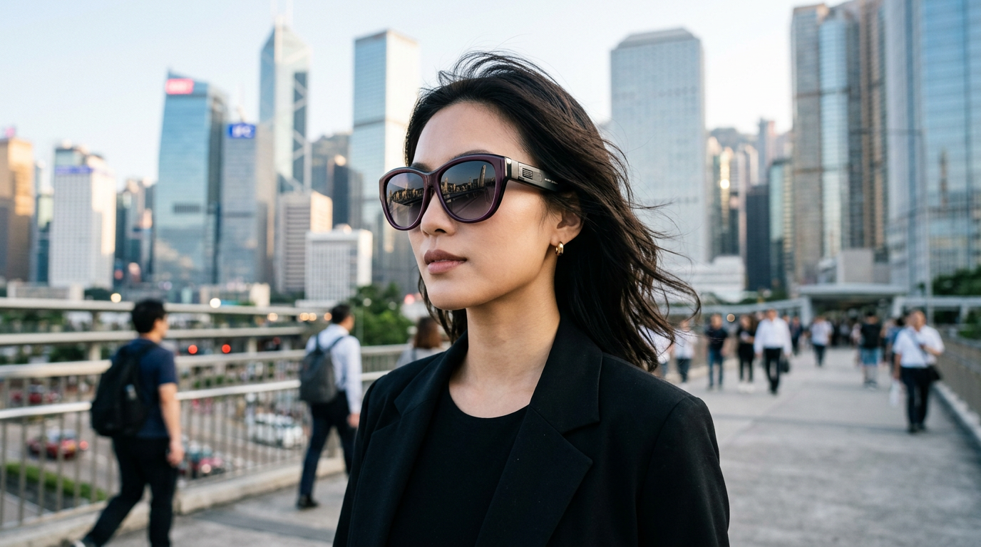 Asian model wearing 2026 smart sunglasses with integrated audio temples in a modern Hong Kong cityscape, showcasing fashion-forward OEM/ODM eyewear design.