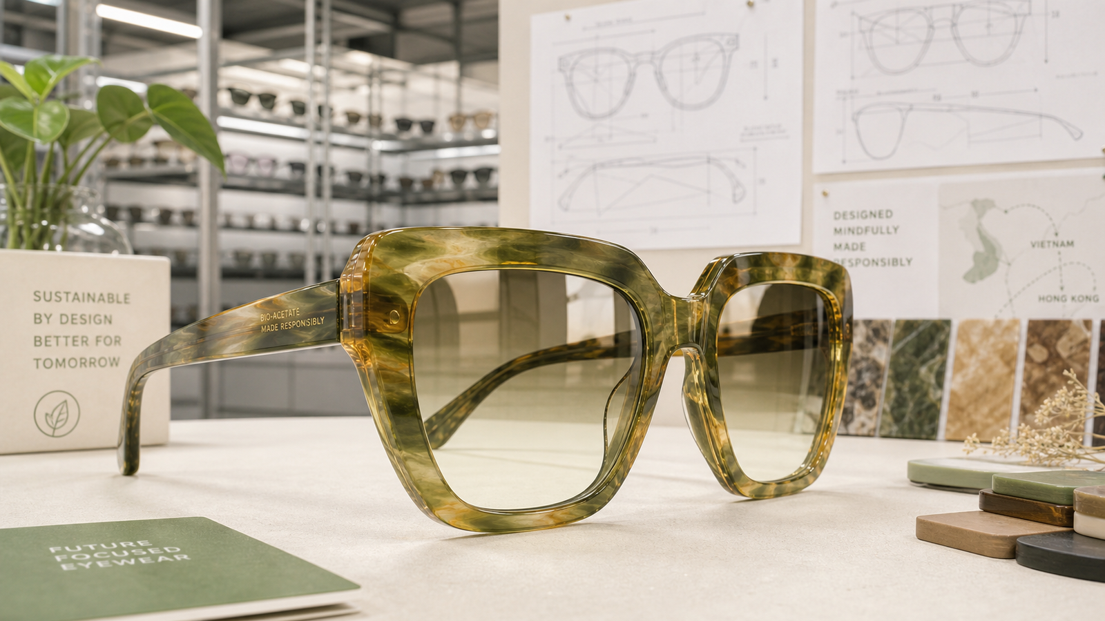 Oversized eco-conscious acetate sunglasses with light gradient lenses on a minimal surface, hint of eyewear production in background.