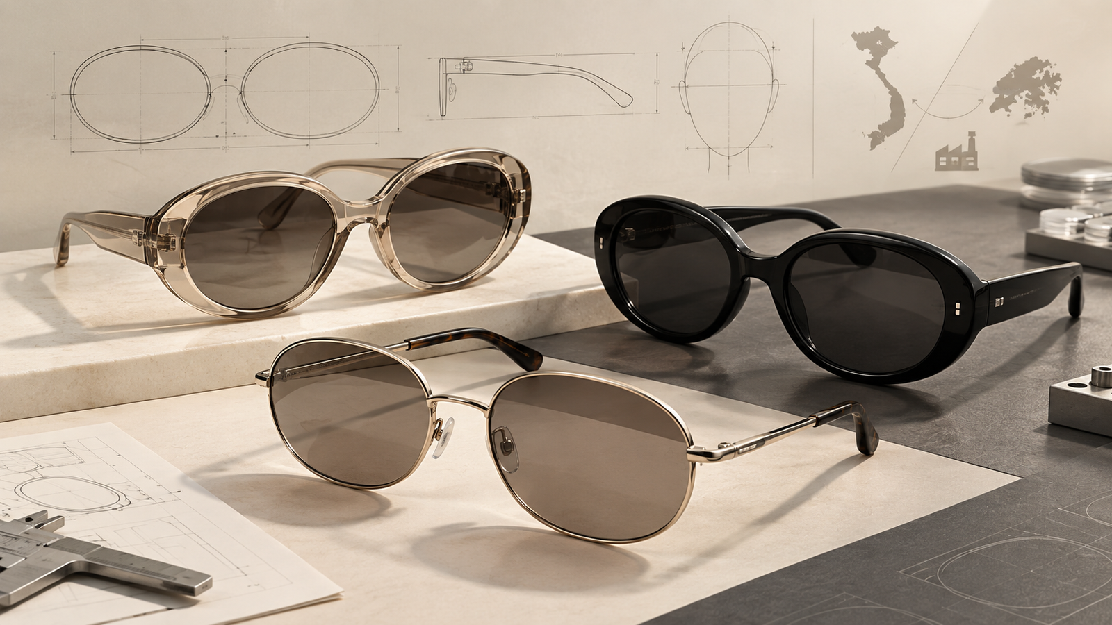 Oval Oversized Sunglasses Eye Shapes 2026 – Concept Eyewear Three oversized oval sunglasses in bio-acetate, dark acetate, and lightweight metal frames displayed on a neutral studio surface.