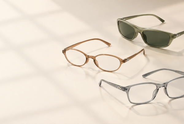 Three lightweight Japanese fit injection frames in smoke grey, tea brown and olive for 2026 fast-fashion eyewear.