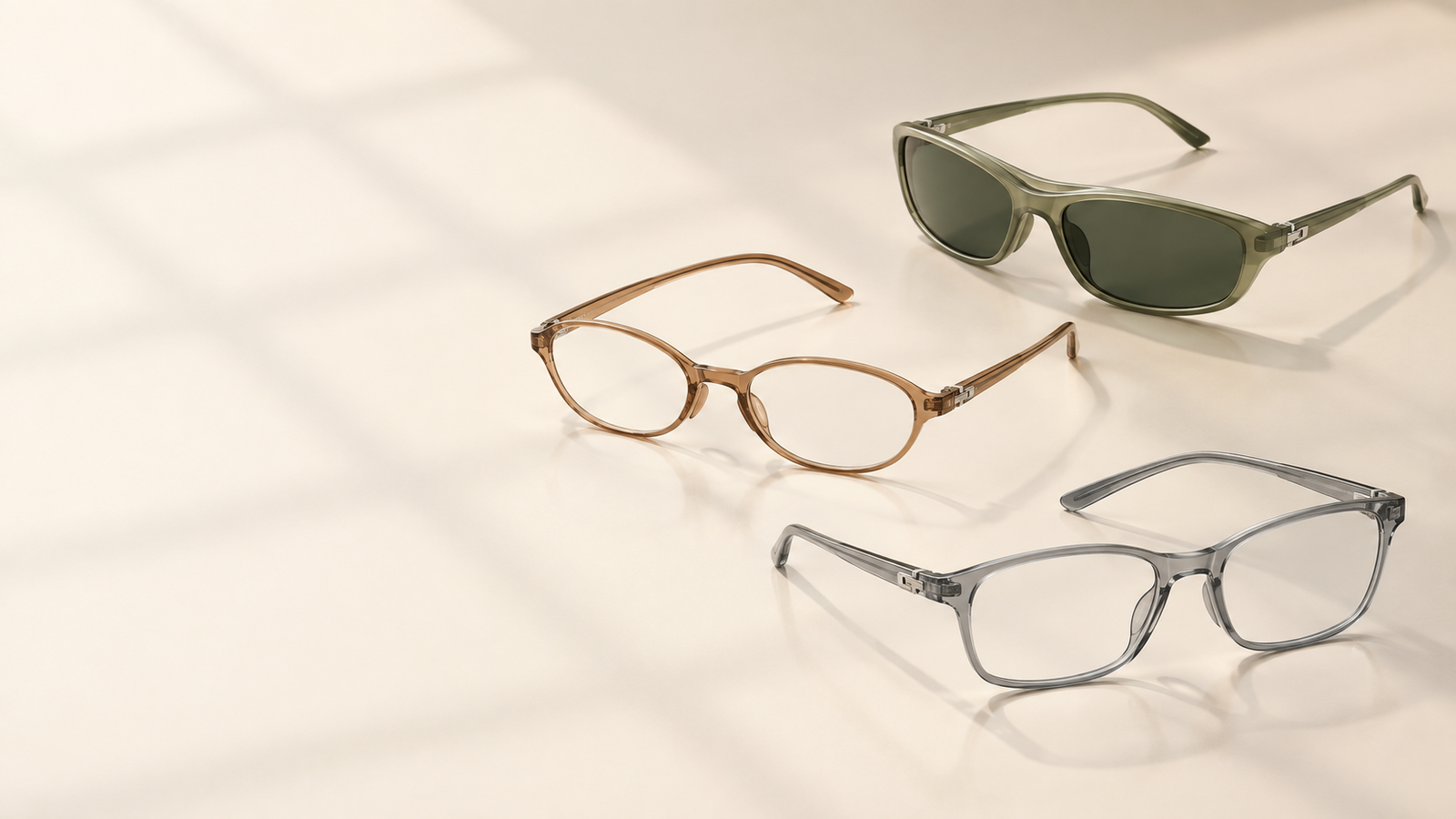 Japanese Fit Injection Frames for Fast-Fashion Eyewear – Concept Eyewear Three lightweight Japanese fit injection frames in smoke grey, tea brown and olive for 2026 fast-fashion eyewear.