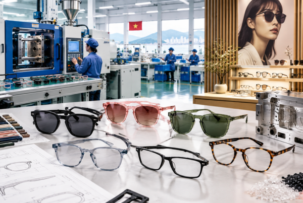 Vietnam injection-molded eyewear frames for Japanese fast-fashion brands, displayed in a modern OEM/ODM factory.