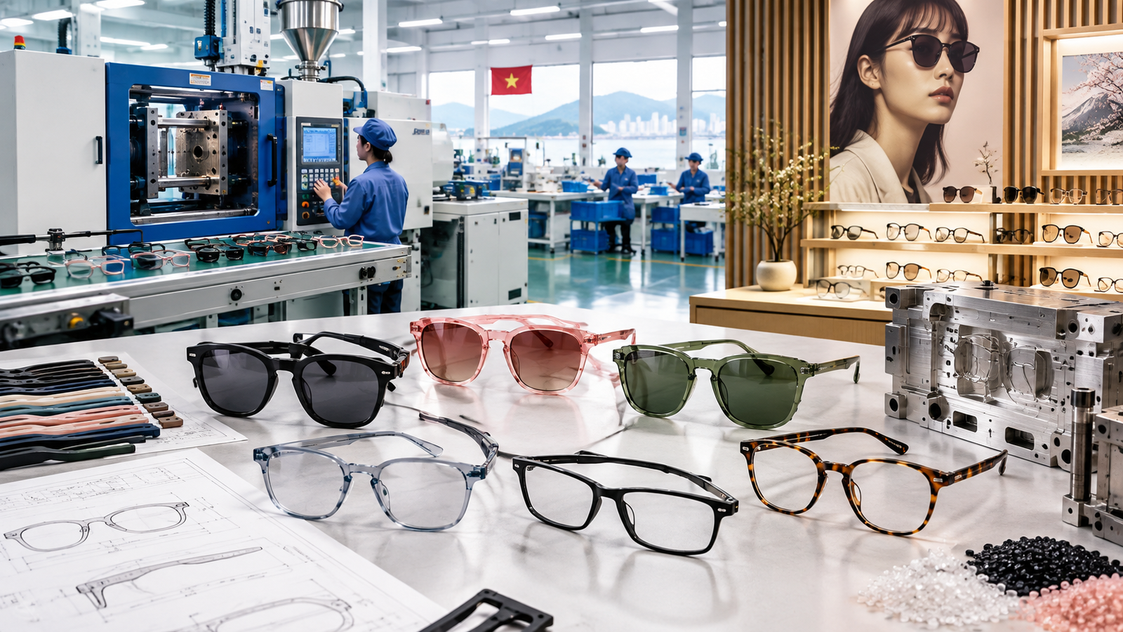 Vietnam injection-molded eyewear frames for Japanese fast-fashion brands, displayed in a modern OEM/ODM factory.
