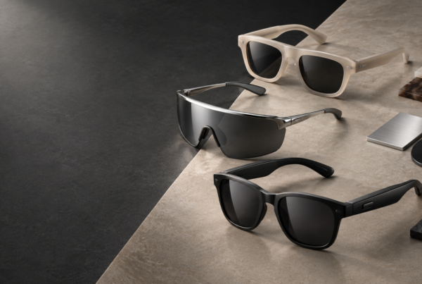 Three gender-neutral sunglasses prototypes in acetate, chrome and smart-audio styles for 2026 eyewear collections