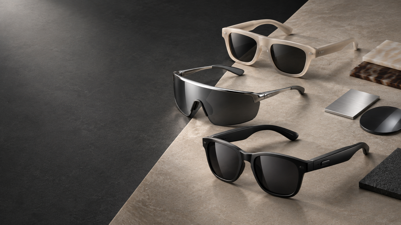 Three gender-neutral sunglasses prototypes in acetate, chrome and smart-audio styles for 2026 eyewear collections
