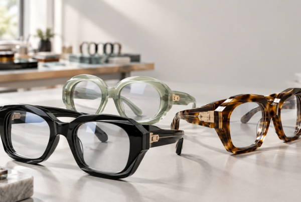Three sculptural acetate eyewear frames in black, milky sage, and tortoise finishes for a 2026 collection