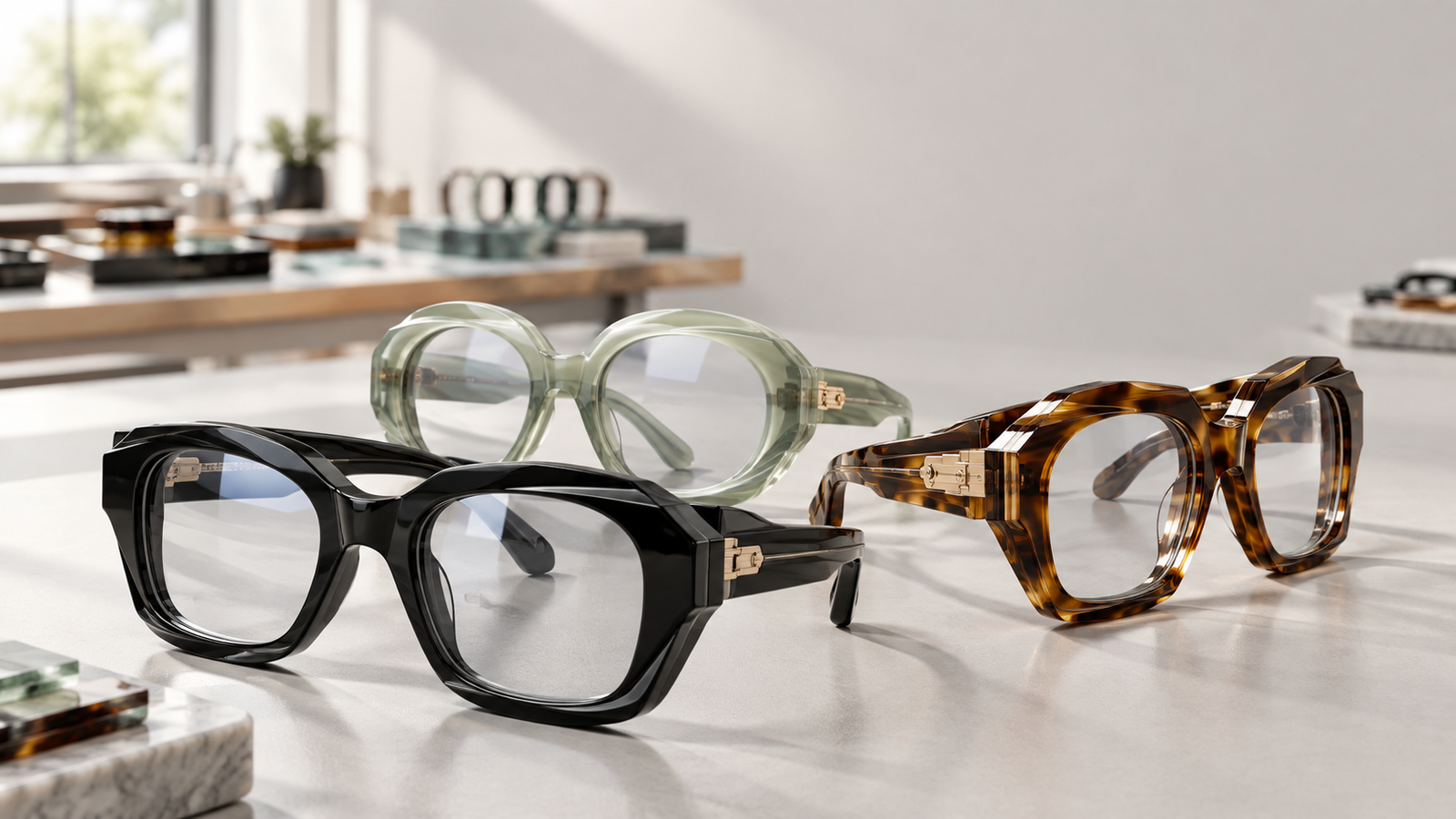 Sculptural Acetate Eyewear for 2026 Collections – Concept Eyewear Three sculptural acetate eyewear frames in black, milky sage, and tortoise finishes for a 2026 collection