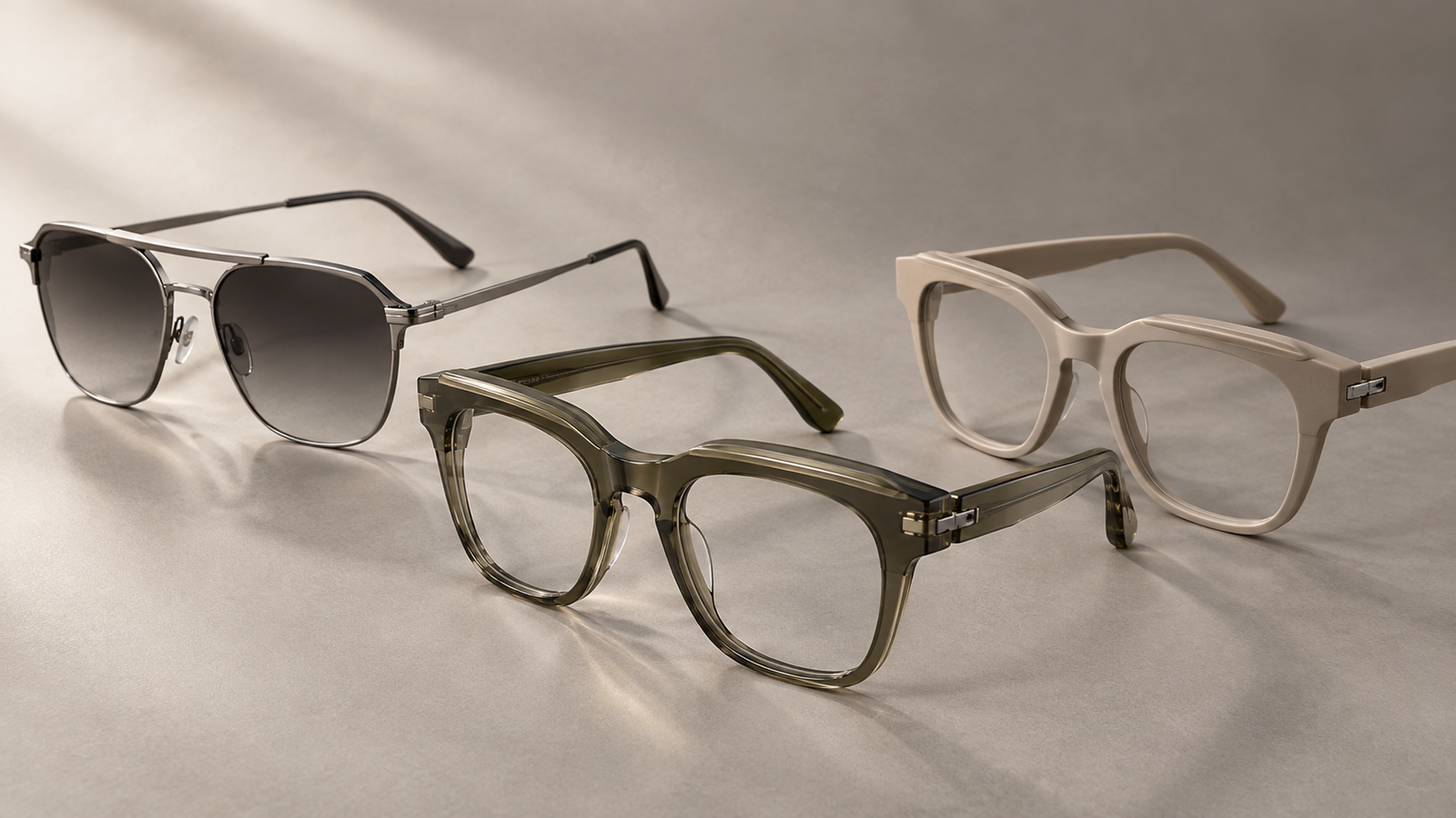 Three statement brow eyewear frames in acetate, metal and injection materials for 2026 OEM/ODM collections.