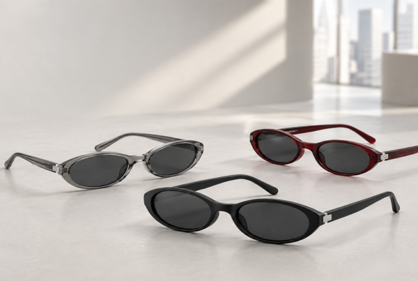 Three slim oval injection frames in black, translucent smoke and cherry red for Japanese fast-fashion eyewear.