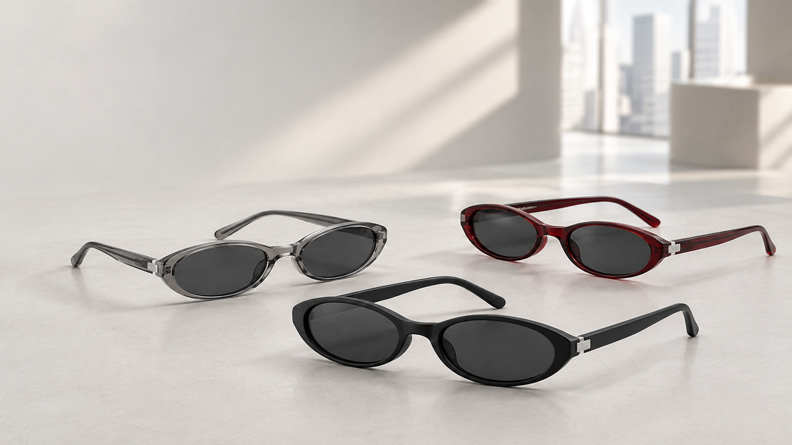 Slim Oval Injection Frames for Japan Fast Fashion – Concept Eyewear Three slim oval injection frames in black, translucent smoke and cherry red for Japanese fast-fashion eyewear.