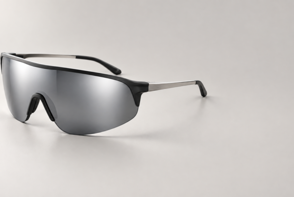Futuristic black wraparound shield sunglasses with a mirrored smoke lens, designed for 2026 OEM/ODM collections