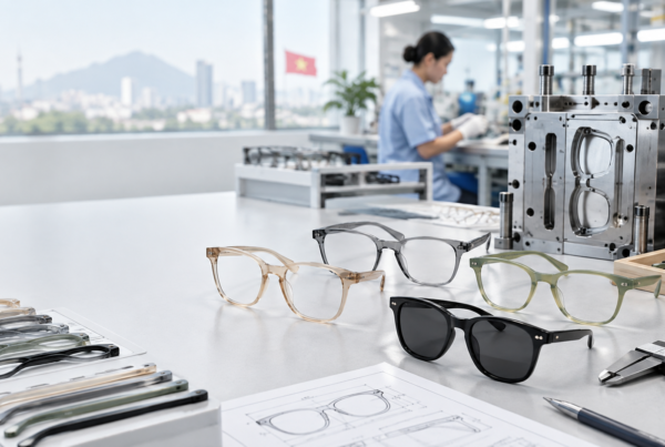 Lightweight Asian-fit injection eyewear frames being developed in a Vietnam factory for Japanese fast-fashion brands.