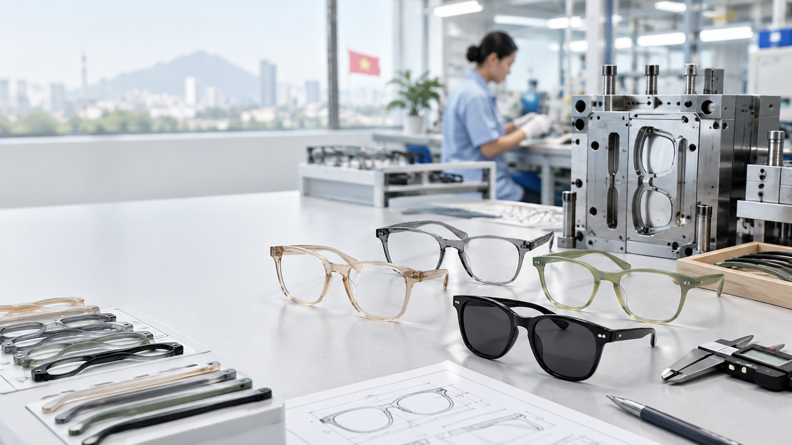 Vietnam Injection Frames for Japanese Fast Fashion – Concept Eyewear Lightweight Asian-fit injection eyewear frames being developed in a Vietnam factory for Japanese fast-fashion brands.