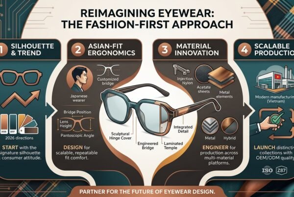 An infographic titled "Reimagining Eyewear: The Fashion-First Approach" detailing four key stages of production: Silhouette & Trend, Asian-Fit Ergonomics, Material Innovation, and Scalable Production in Vietnam.