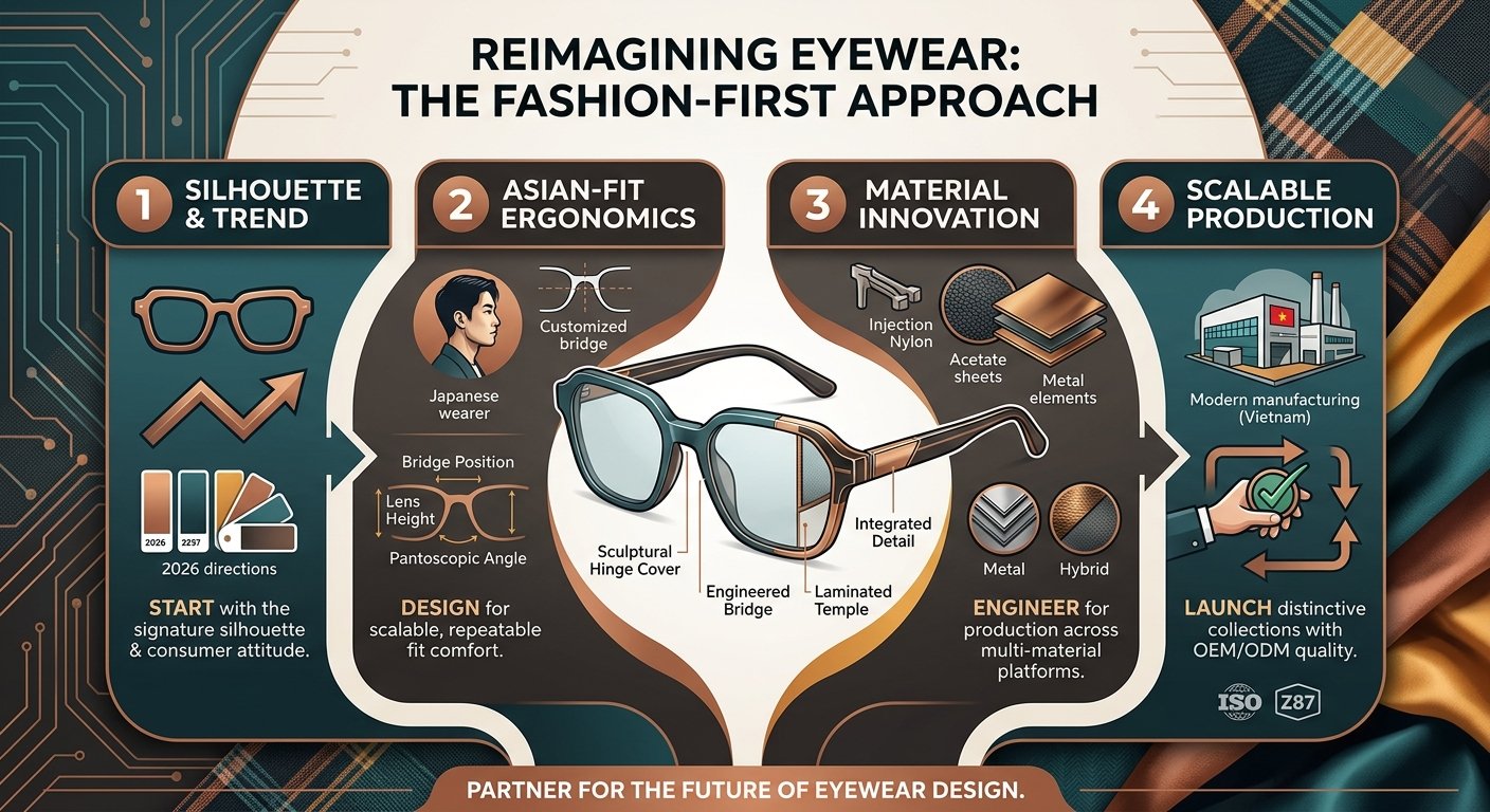 Fashion-First Eyewear Manufacturing: Scaling Asian-Fit Collections from Concept to Production – Concept Eyewear An infographic titled "Reimagining Eyewear: The Fashion-First Approach" detailing four key stages of production: Silhouette & Trend, Asian-Fit Ergonomics, Material Innovation, and Scalable Production in Vietnam.