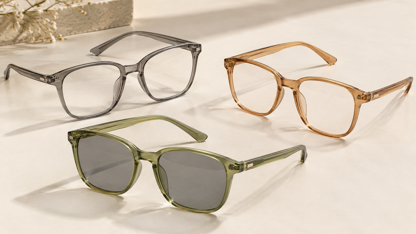 Three translucent soft-square eyewear frames in smoke gray, caramel amber and muted olive, with the olive frame fitted with gray sun lenses.