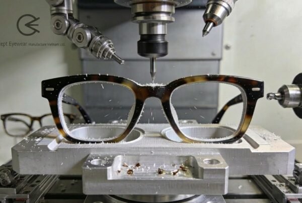 Acetate CNC finishing OEM: high-precision CNC machine machining eyewear frames in workshop