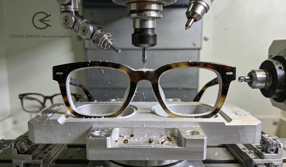 acetate-cnc-finishing-featured – Concept Eyewear Acetate CNC finishing OEM: high-precision CNC machine machining eyewear frames in workshop