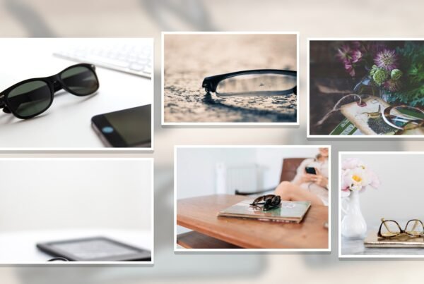 Apparel eyewear assortment OEM: unbranded capsule flat-lay of optical and sun frames on a merch board without logos