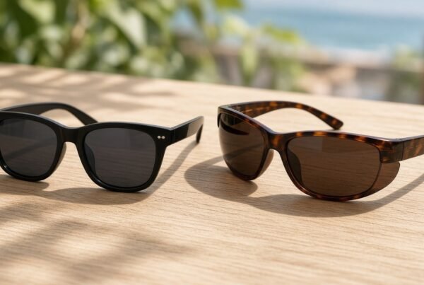Brazil eyewear market 2026: unbranded fashion sunglasses on wood table outdoors, no brand marks
