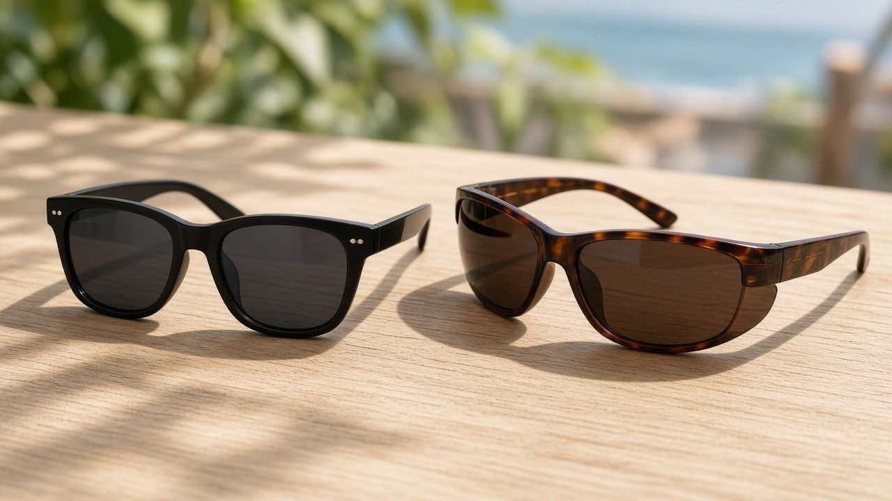 Brazil eyewear market 2026 unbranded fashion sunglasses – Concept Eyewear Brazil eyewear market 2026: unbranded fashion sunglasses on wood table outdoors, no brand marks