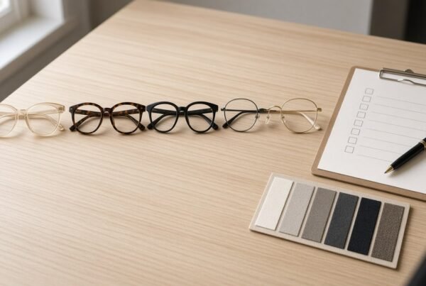 Unbranded eyewear samples lined up beside a manufacturer selection checklist and material swatches