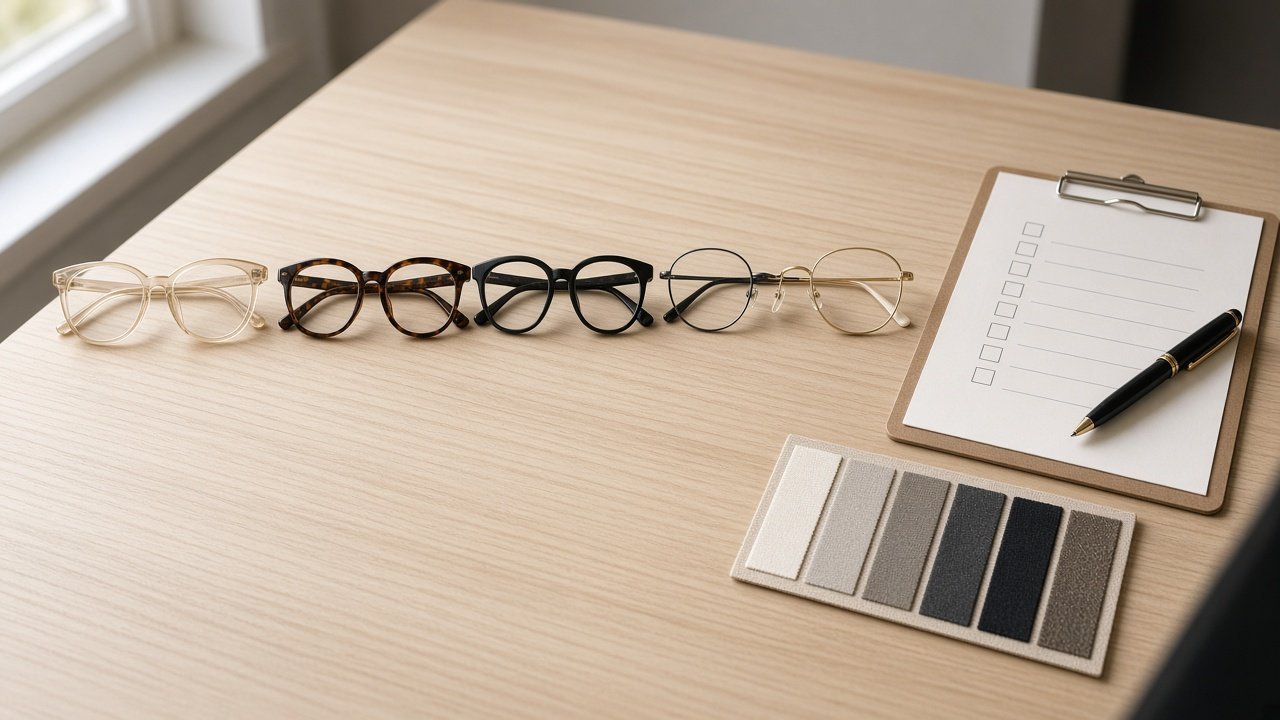 Unbranded eyewear samples lined up beside a manufacturer selection checklist and material swatches