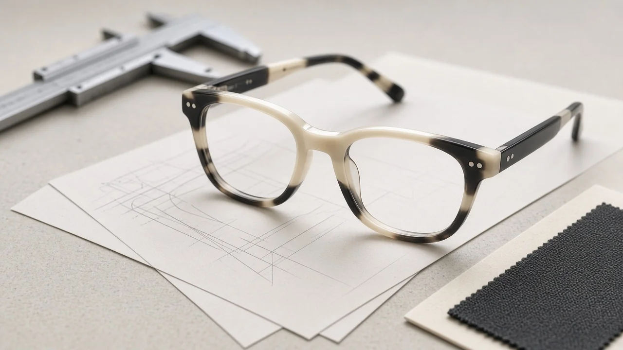 Unbranded acetate eyewear prototype on a workbench during OEM manufacturer evaluation