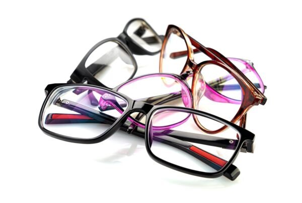 Pile of colorful eyeglass frames stacked on a white background (black, pink, and tortoiseshell styles).