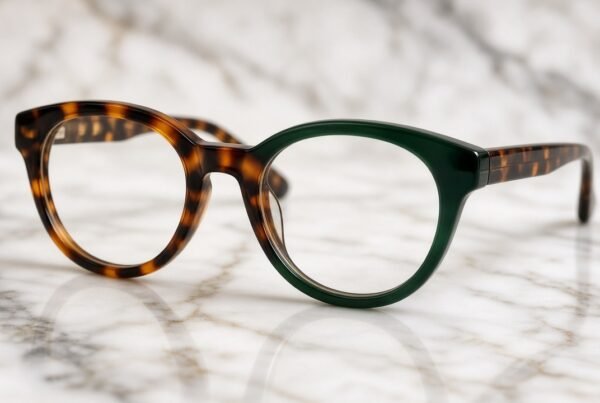 Eyewear premiumisation US: unbranded premium acetate eyeglasses on marble, no brand marks