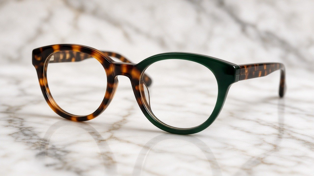 Eyewear premiumisation US: unbranded premium acetate eyeglasses on marble, no brand marks