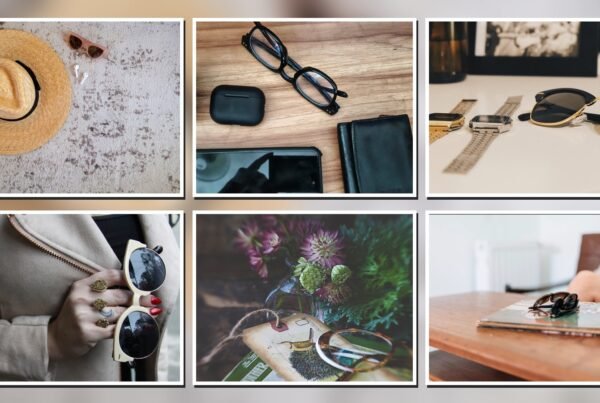 Lifestyle brand eyewear launch: unbranded apparel accessory flat-lay collage with eyeglasses and sunglasses as add-on SKUs, no brand marks