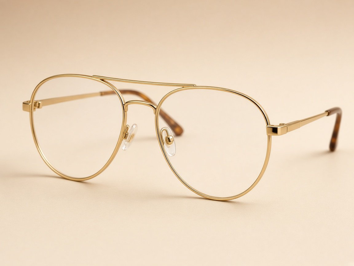 Optical aviator frames: unbranded metal pilot eyeglasses on light background, no logos