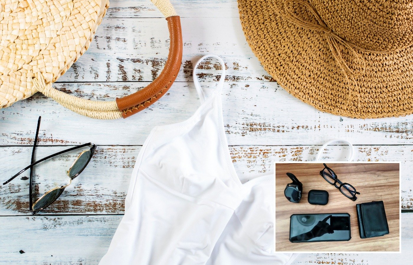 Seasonal capsule eyewear assortment: unbranded sunglasses with resort apparel flat-lay and optical lifestyle inset